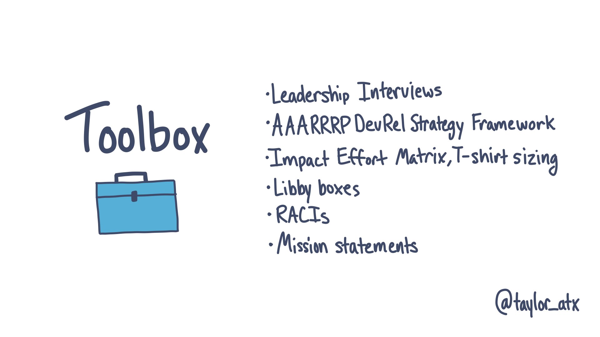 Toolbox: Leadership interviews, AAARRRP DevRel Strategy Framework, Impact Effort Matrix, t-shirt sizing, Libby boxes, RACIs, Mission statements